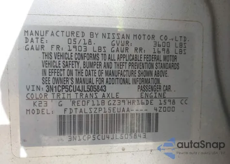 2018 Nissan Kicks Sv z USA, uszkodzony, nr VIN 3N1CP5CU4JL505843